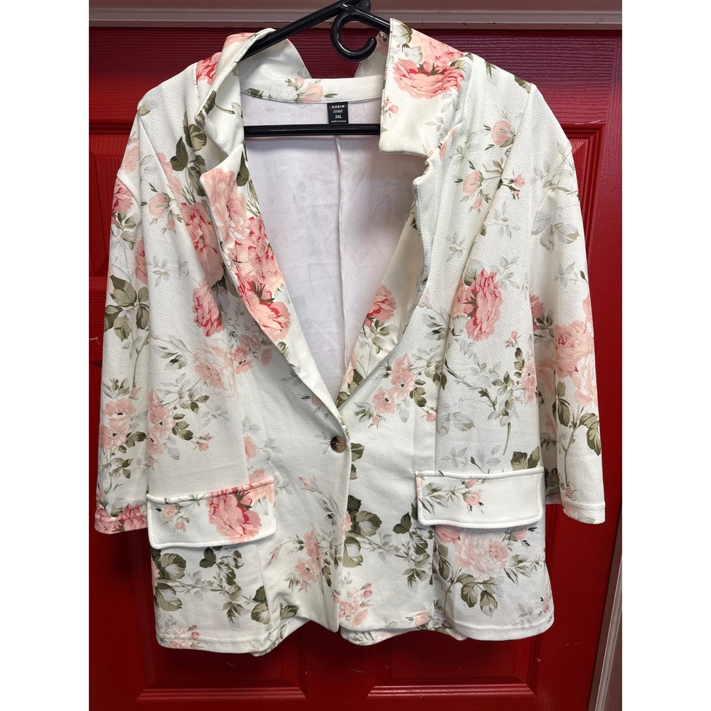 SHEIN Curve Floral Blazer Womens 2XL Cream Pink Rose Textured Crepe Jacket